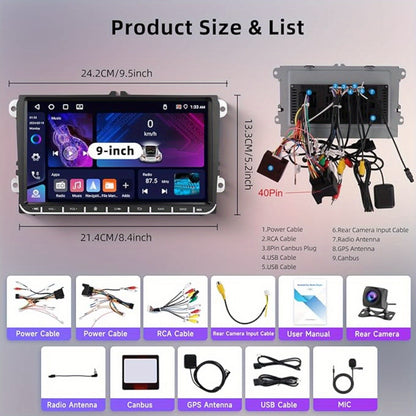 Android 15 Autoradio – Double Din Stereo – Touchscreen Radio – Auto Multimedia – GPS Navigatie – 9-Inch HD Scherm – Draadloos Android Auto & CarPlay – Inclusief HD Camera & Microfoon