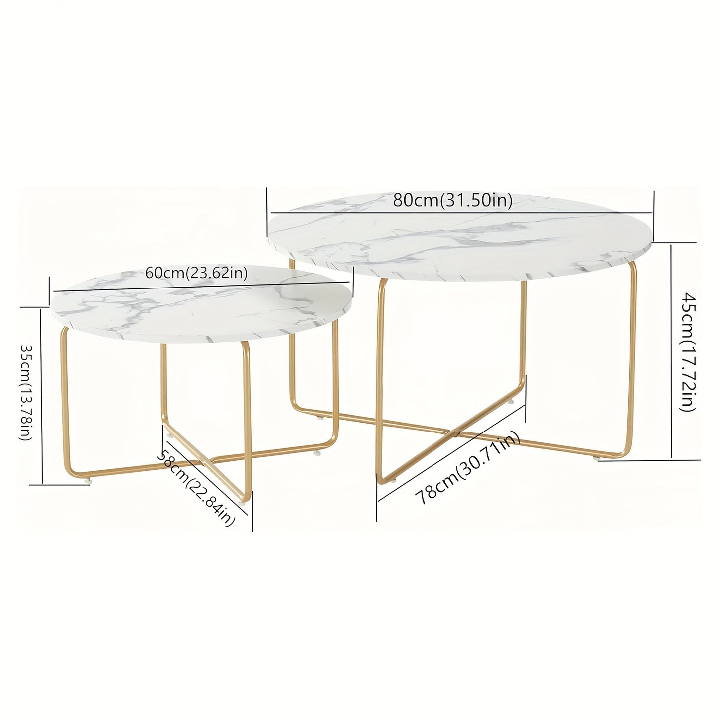 Ronde Salontafel – Bijzettafel – Koffietafel – Woonkamertafel – Tafeltjes Set – Wit Marmerlook – Goud Metaal – Makkelijk Schoon Te Maken – Multifunctioneel