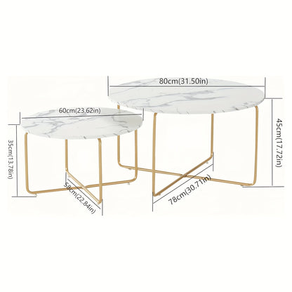 Ronde Salontafel – Bijzettafel – Koffietafel – Woonkamertafel – Tafeltjes Set – Wit Marmerlook – Goud Metaal – Makkelijk Schoon Te Maken – Multifunctioneel