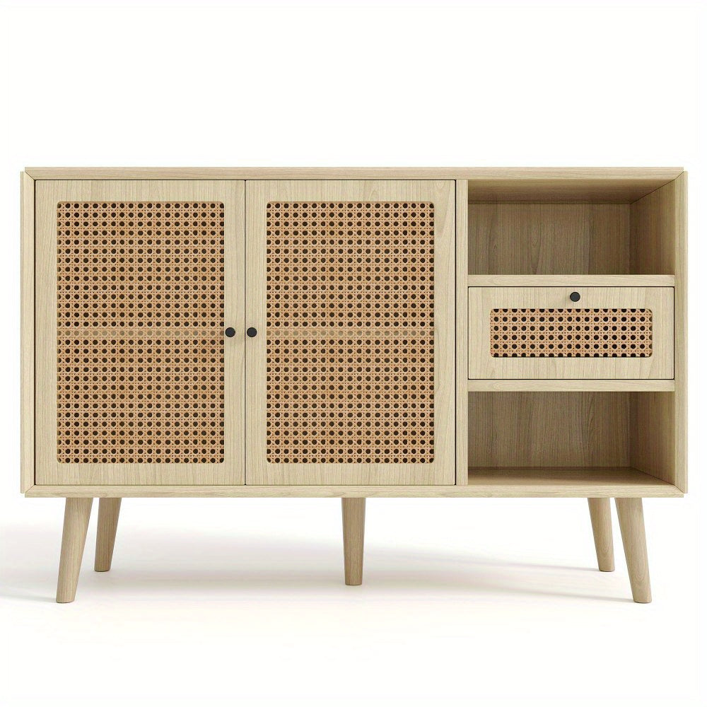 Dressoir – Ladekast – Opbergkast – Buffetkast – Kast – MDF Constructie – Massief Houten Poten – 1 Lade – 2 Deuren Met Rattan Vlechtwerk – Verstelbare Planken – Eikenlook 120x40x80 cm