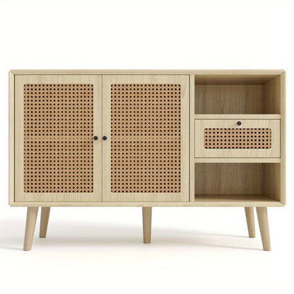 Dressoir – Ladekast – Opbergkast – Buffetkast – Kast – MDF Constructie – Massief Houten Poten – 1 Lade – 2 Deuren Met Rattan Vlechtwerk – Verstelbare Planken – Eikenlook 120x40x80 cm