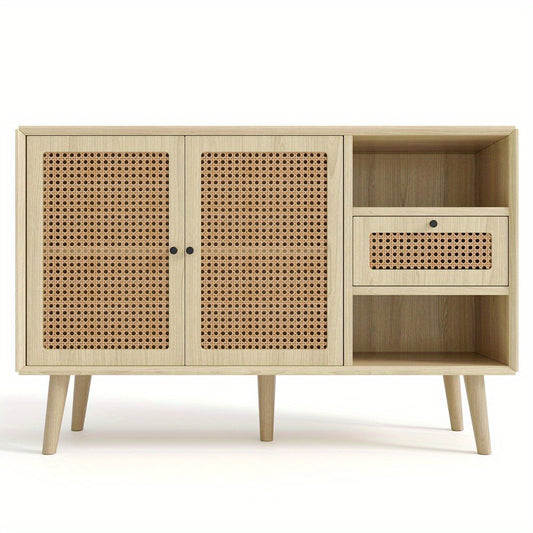 Dressoir – Ladekast – Opbergkast – Buffetkast – Kast – MDF Constructie – Massief Houten Poten – 1 Lade – 2 Deuren Met Rattan Vlechtwerk – Verstelbare Planken – Eikenlook 120x40x80 cm