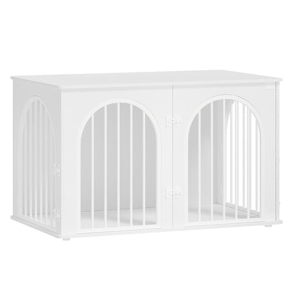 Hondenbench – Hondenkooi – Hondenhok – Hondenren – Hondenkooi Met Tafel – Extra Groot 3-Deurs – Dubbel Veiligheidsslot – Robuuste IJzer En Hout Constructie – Wit Met Houtaccent – Geschikt Voor Middelgrote Tot Grote Honden 60x100x63 cm
