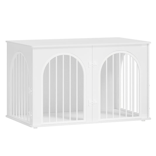 Hondenbench – Hondenkooi – Hondenhok – Hondenren – Hondenkooi Met Tafel – Extra Groot 3-Deurs – Dubbel Veiligheidsslot – Robuuste IJzer En Hout Constructie – Wit Met Houtaccent – Geschikt Voor Middelgrote Tot Grote Honden 60x100x63 cm