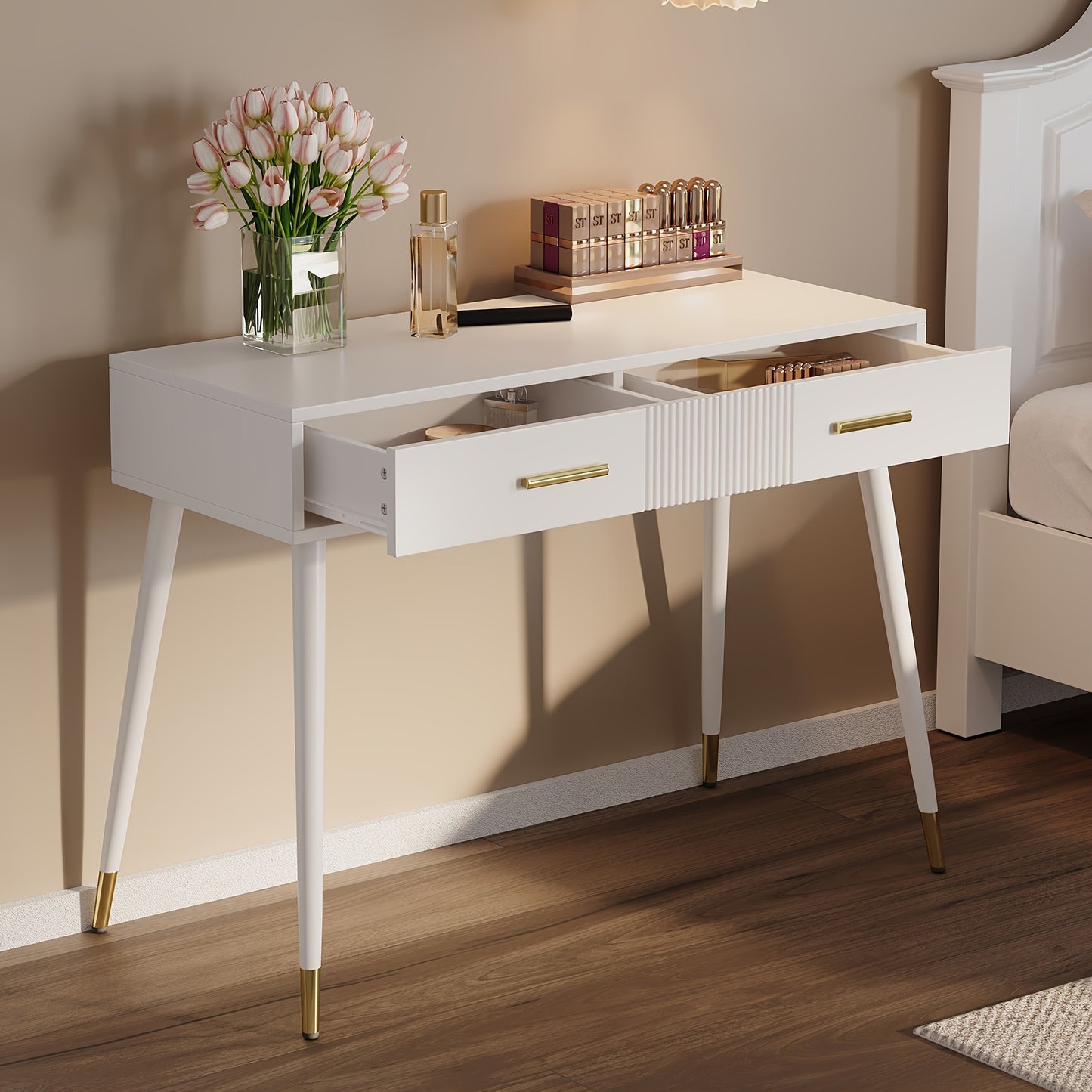 Modern Minimalist Dressing Table & Vanity Desk - White with Golden legs, Sturdy Metal Construction, Compact Makeup Desk for Small Spaces, Easy Assembly - Home Office, Bathroom, Bedroom Furniture (No Mirror Included), Bedroom