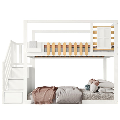 Wit Stapelbed – Kinderbed – Hoogslaper – Bovenbed – Stapelbed Met Veiligheidsnet – Drie-Delige Opbergladder – Ruimtebesparend Twin/Full Bed – Stevige Ladder Met Bescherming