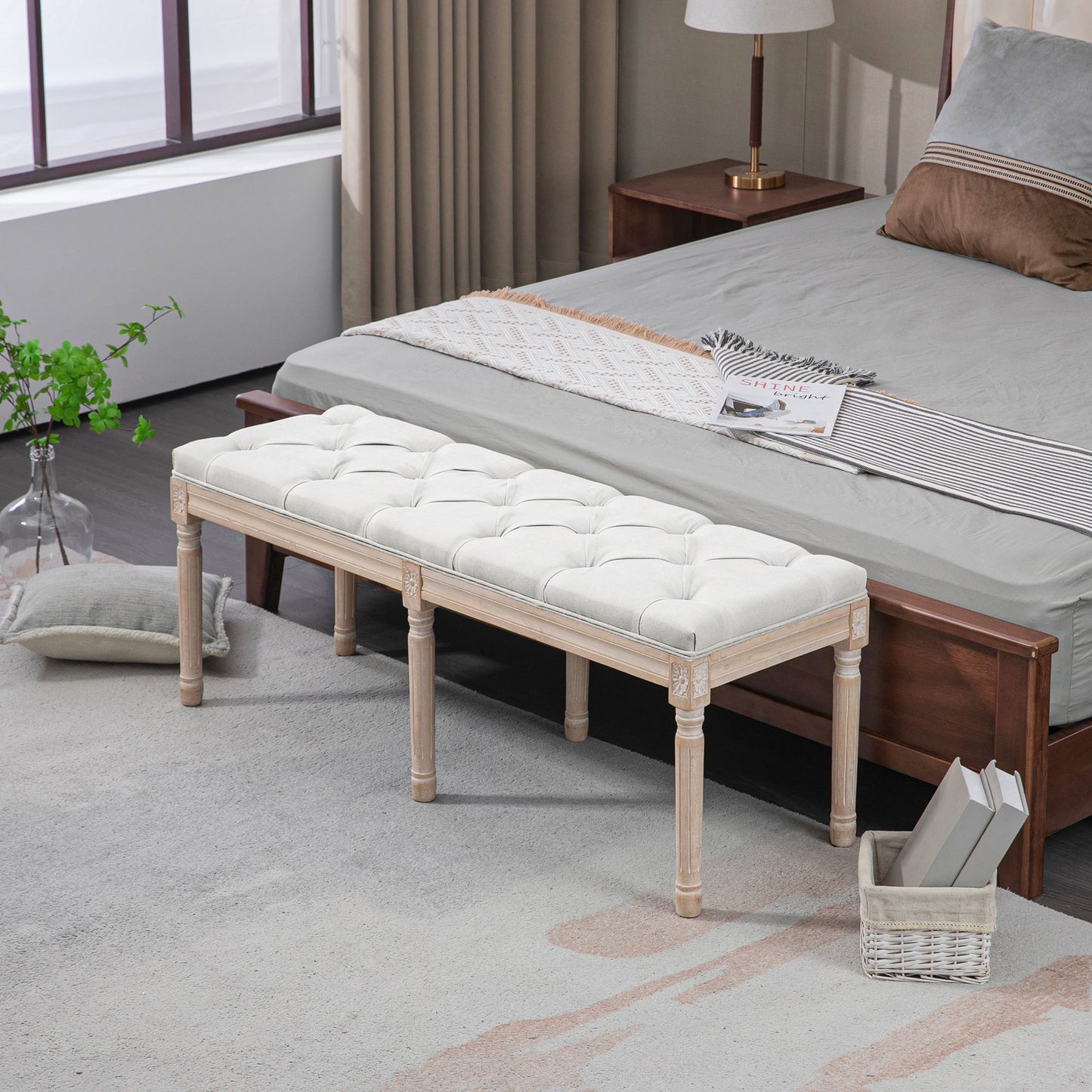 Opbergbank – Zitbank – Halbank – Opbergkist – Bankje – Vintage Franse Stijl – Crème Stof – Houten Poten – 117x40x48 cm – Max. 120 kg draagvermogen