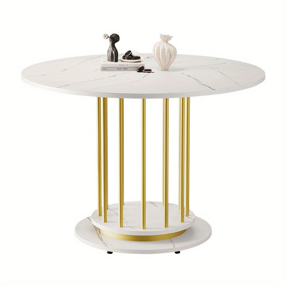 Ronde Eettafel – Eetkamertafel – Keukentafel – Tafel – Woonkamertafel – Wit Marmerlook Blad – Gouden Metalen Poten – Compact & Ruimtebesparend – Krasbestendig & Stevig