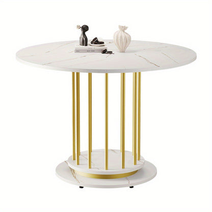 Ronde Eettafel – Eetkamertafel – Keukentafel – Tafel – Woonkamertafel – Wit Marmerlook Blad – Gouden Metalen Poten – Compact & Ruimtebesparend – Krasbestendig & Stevig