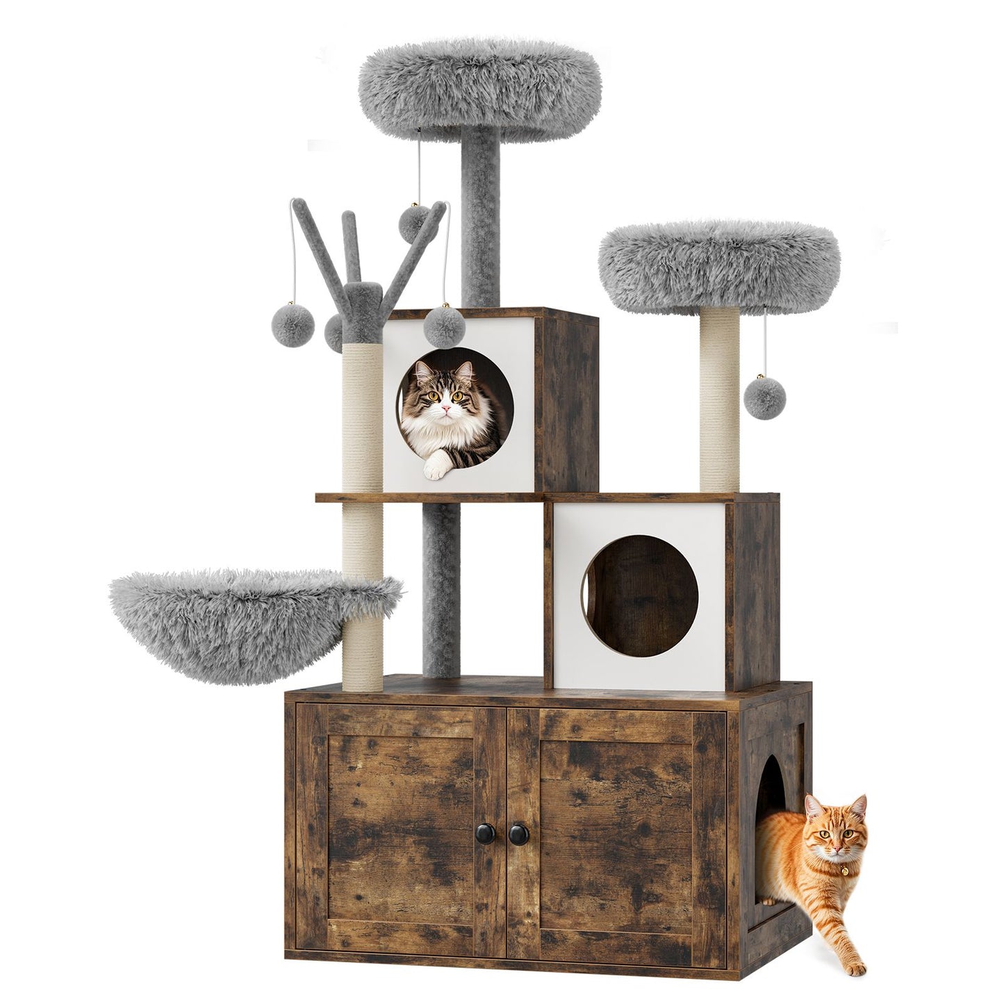 Kattenmeubel – Kattenbakkast – Kattenklimtoren – Krabpaal – Kattenhuis – Multi-level Design – Verstopte Kattenbakruimte – Spaanplaat Natuurlijke Eikenlook