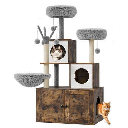 Kattenmeubel – Kattenbakkast – Kattenklimtoren – Krabpaal – Kattenhuis – Multi-level Design – Verstopte Kattenbakruimte – Spaanplaat Natuurlijke Eikenlook