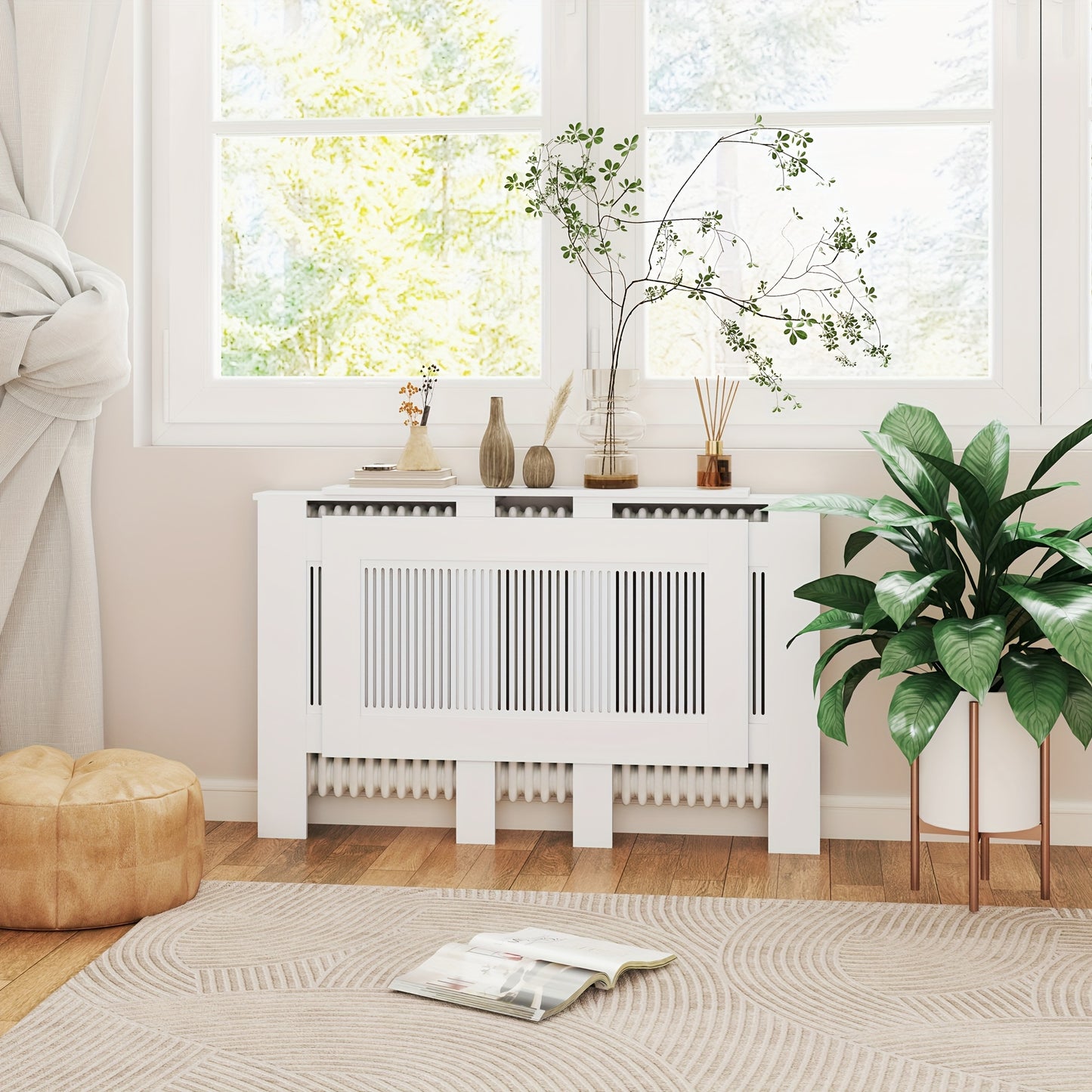Radiatorombouw – Radiatoromkasting – Radiatorbekleding – Radiatorhoes – Verwarmingsombouw – Uitschuifbaar 125-201 cm – MDF Wit met Opbergruimte
