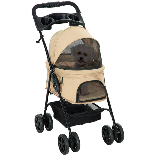 Dierenwagen – Huisdierenwagen – Huisdierbuggy – Hondenwagen – Kattenwagen – Khaki – Stevig IJzeren Frame – 360° Draaibare Voorwielen Met Remmen