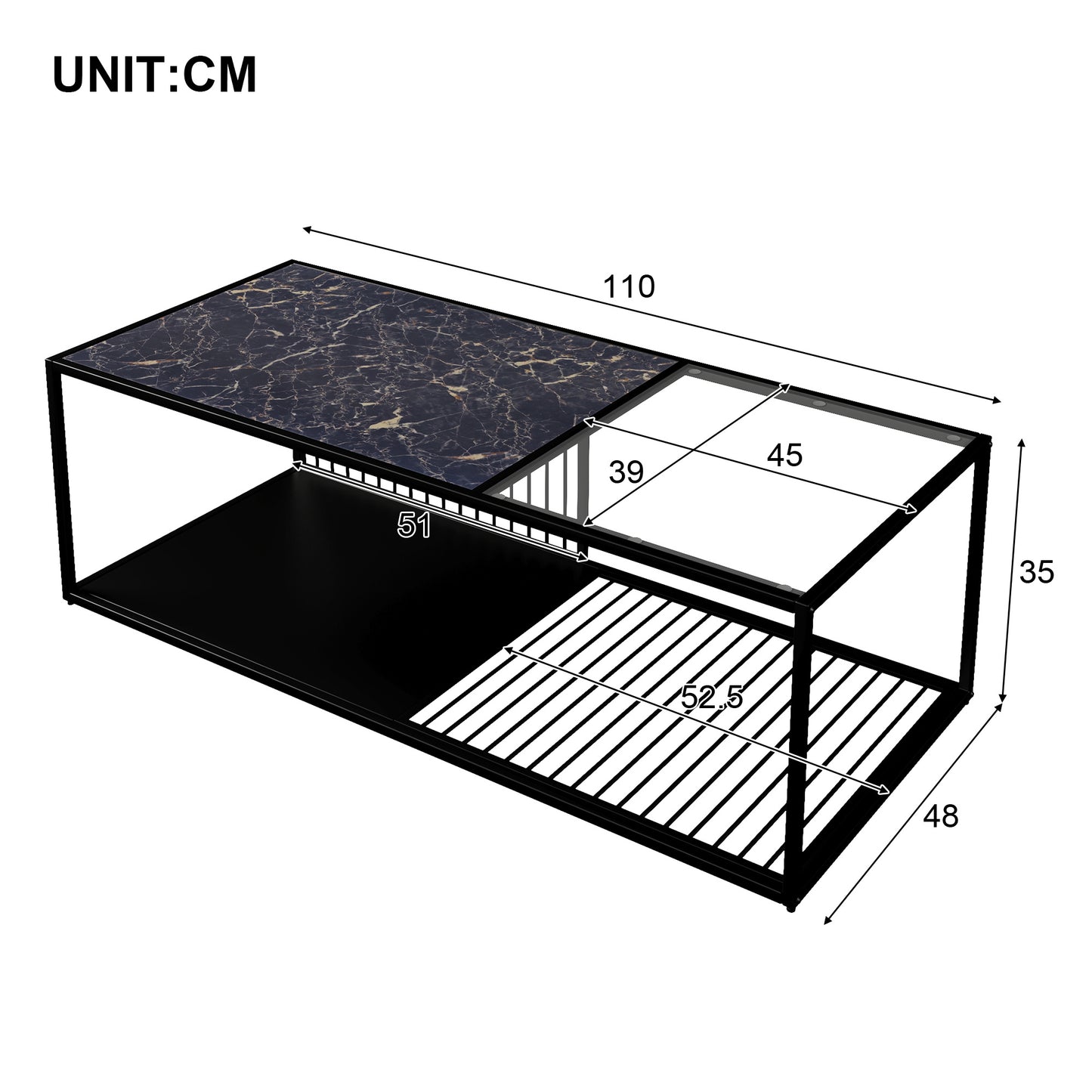 BTM Coffee Table, Wrought Iron Coffee Table with Glass, Large Storage Space