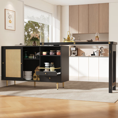 Bartafel – Statafel – Barmeubel – Bistrotafel – Keukentafel – 360° Draaibaar Tafelblad – Met Opbergruimte en Rattan Deur – Zwart Metaal