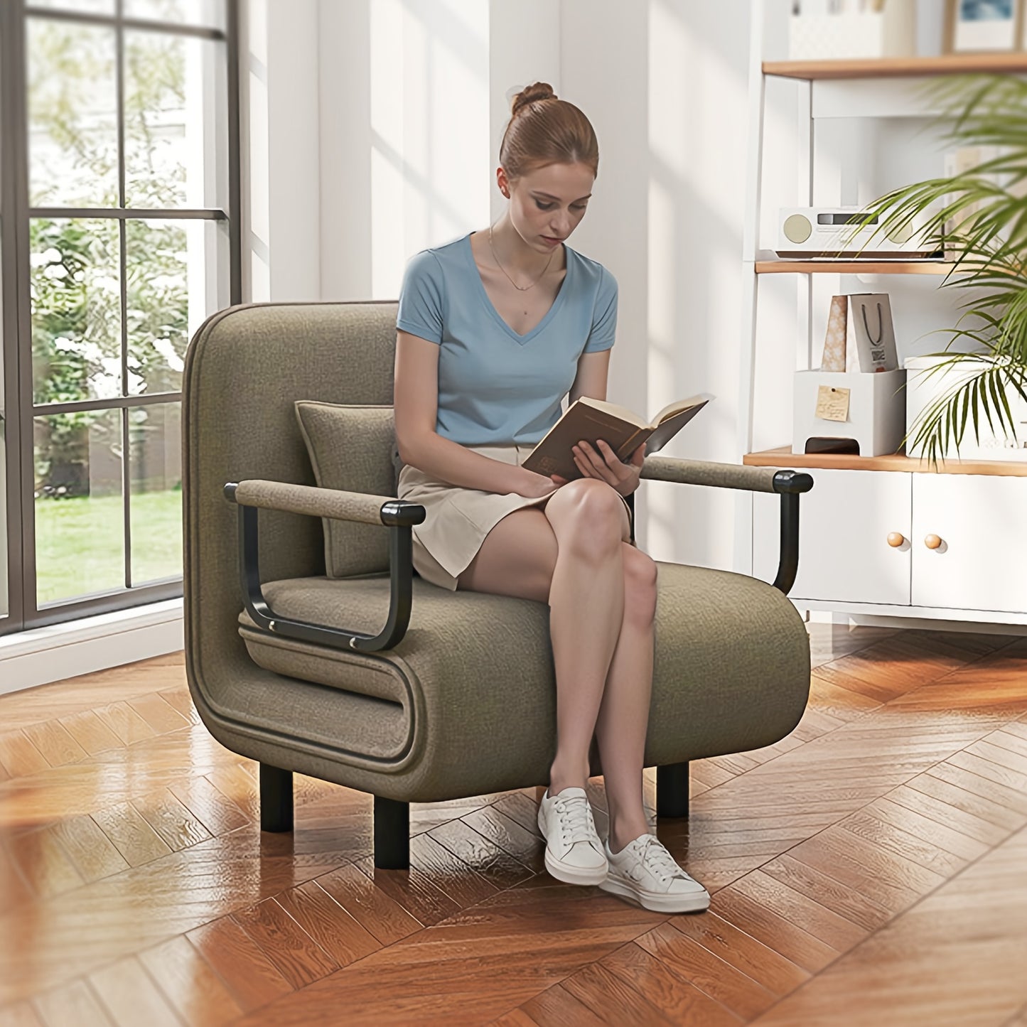 Slaapbank – Vouwbank – Zitbank – Loungestoel – Bedbank – 5-in-1 Multifunctioneel – Zacht Polyester – Compact & Ruimtebesparend Grasgroen/Lemongeel