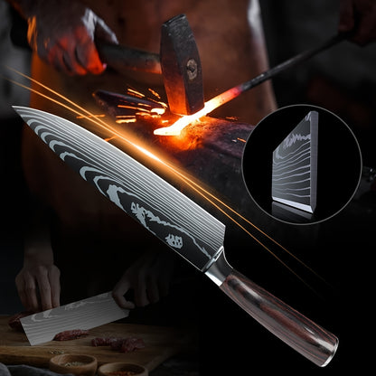Koksmes Set – Keukenmessen – Chefsmessen – Santoku – Officemes – 10-Delig – Hoog-Koolstof Roestvrijstaal – Houten Handvatten