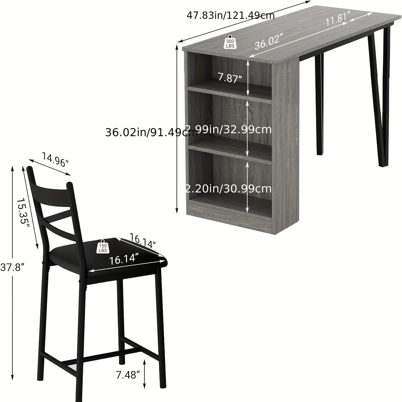 2pcs or 3pcs Drop Leaf Dining Table Set with Upholstered Chairs & 3-Tier Storage Shelves - Space-Saving Counter Height Folding Design, Rustic Farmhouse Style