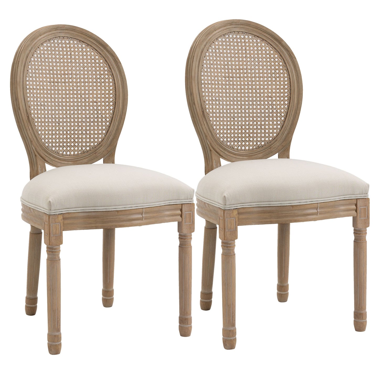 Eetkamerstoelen – Stoel – Keukenstoel – Zithoekstoel – Armstoel – Set van 2 – Rattan Rugleuning – Gestoffeerde Zitting Linnen Look – Massief Houten Poten – Anti-slip Voetjes – Hoog Zitcomfort – Max. 120 kg