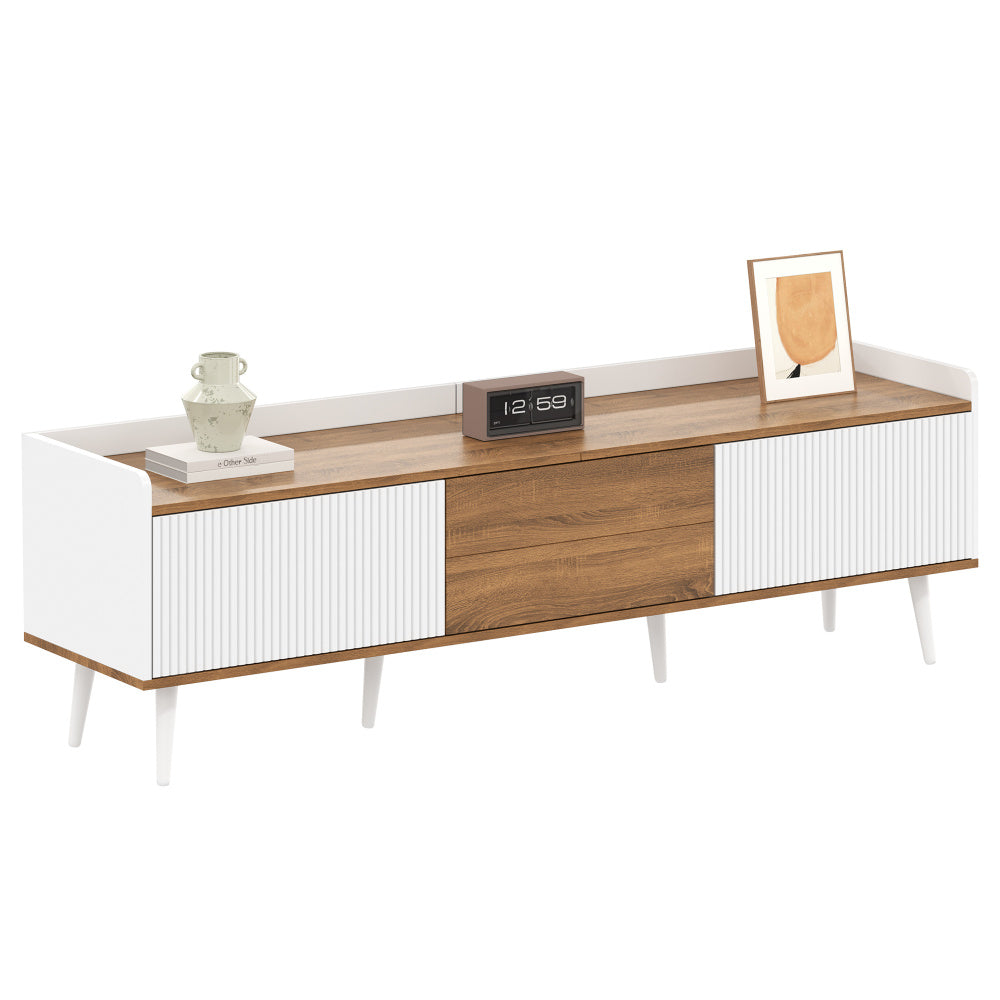 TV cabinet, TV table, TV stand, three door cabinet, compact design, white and natural wood grain finish, height 49.5cm * length 160cm * width 39cm,  Media Storage, Sleek Cabinet, Modern Design, Easy Assembly, Console Table, D