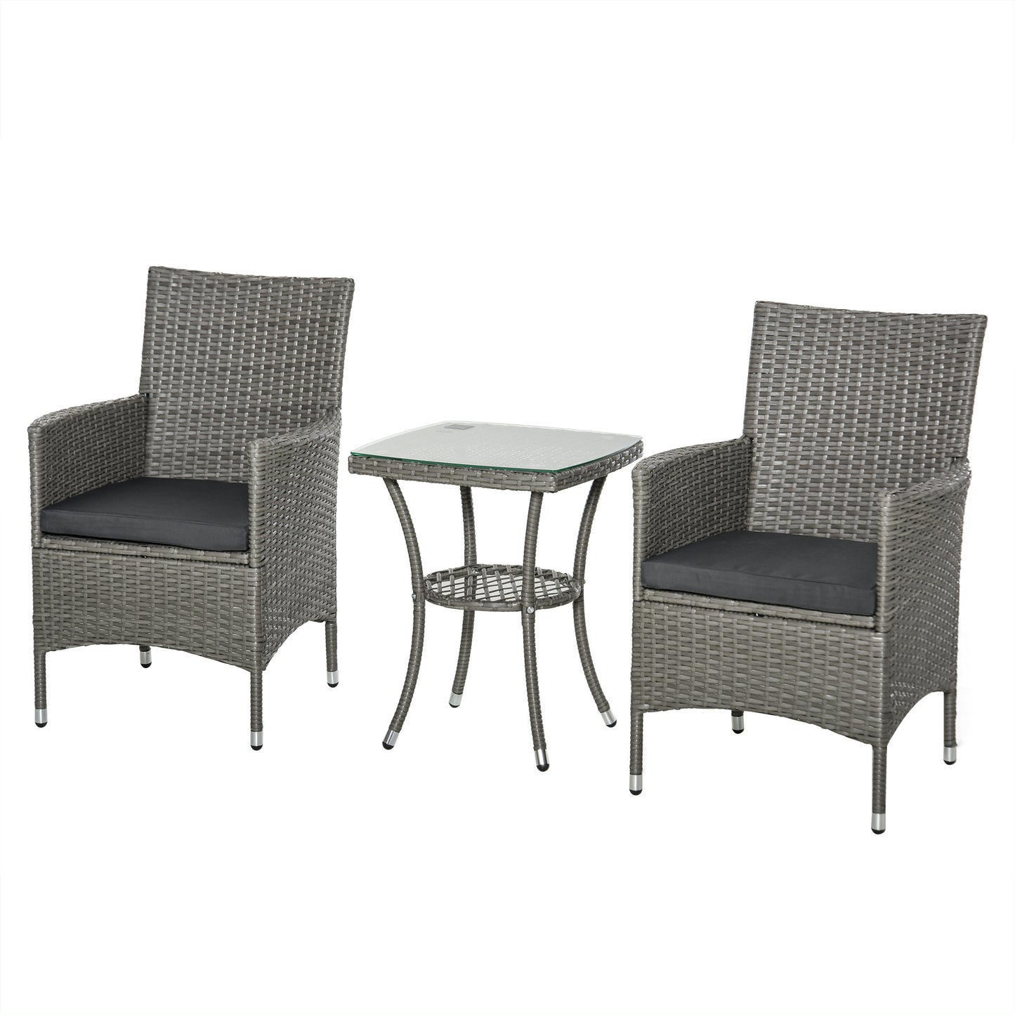 Rattan Tuinmeubelset – Bistroset – Balkonset – Tuinstoelen – Tuinmeubilair – Grijs – Poly Rattan & Stalen Frame – Glas Tafelblad met Kussens
