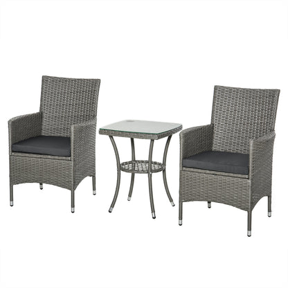 Rattan Tuinmeubelset – Bistroset – Balkonset – Tuinstoelen – Tuinmeubilair – Grijs – Poly Rattan & Stalen Frame – Glas Tafelblad met Kussens