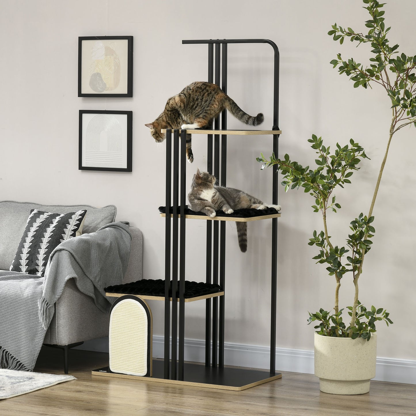 Krabpaal – Krabmeubel – Kattenpaal – Kattenmeubel – Industrieel Design – Stalen Frame – 3 Platforms – 2 Wasbare Kussens
