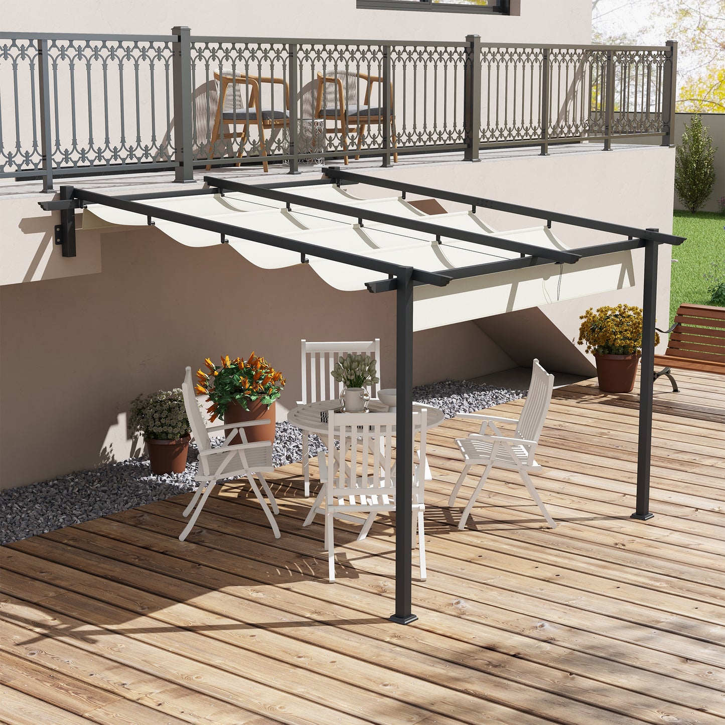 Tuinpaviljoen – Tuinoverkapping – Pergola – Buitenverblijf – Overkapping – Cream – Uitschuifbaar Dak – Metalen Frame – Wandmontage – 3 x 3 Meter