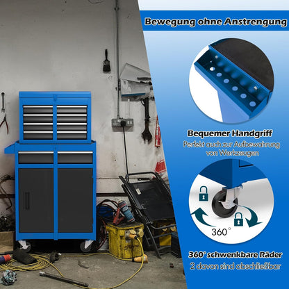 Werkplaatswagen – Gereedschapswagen – Gereedschapskast – Werkbank – Toolcart – 2-in-1 Afneembaar Ontwerp – 100 Kg Draagvermogen – Blauw – Verstelbare Plank – Vergrendelbaar
