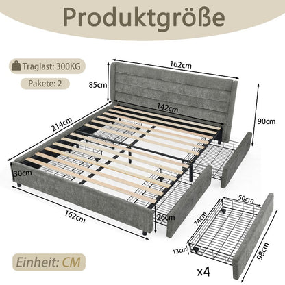 Ledikant – Bedframe – Slaapbank – Bedbank – Stalen Bed – 140x200 cm – Donkergrijs Chenille – 4 Grote Opbergladen – Eenvoudige Montage