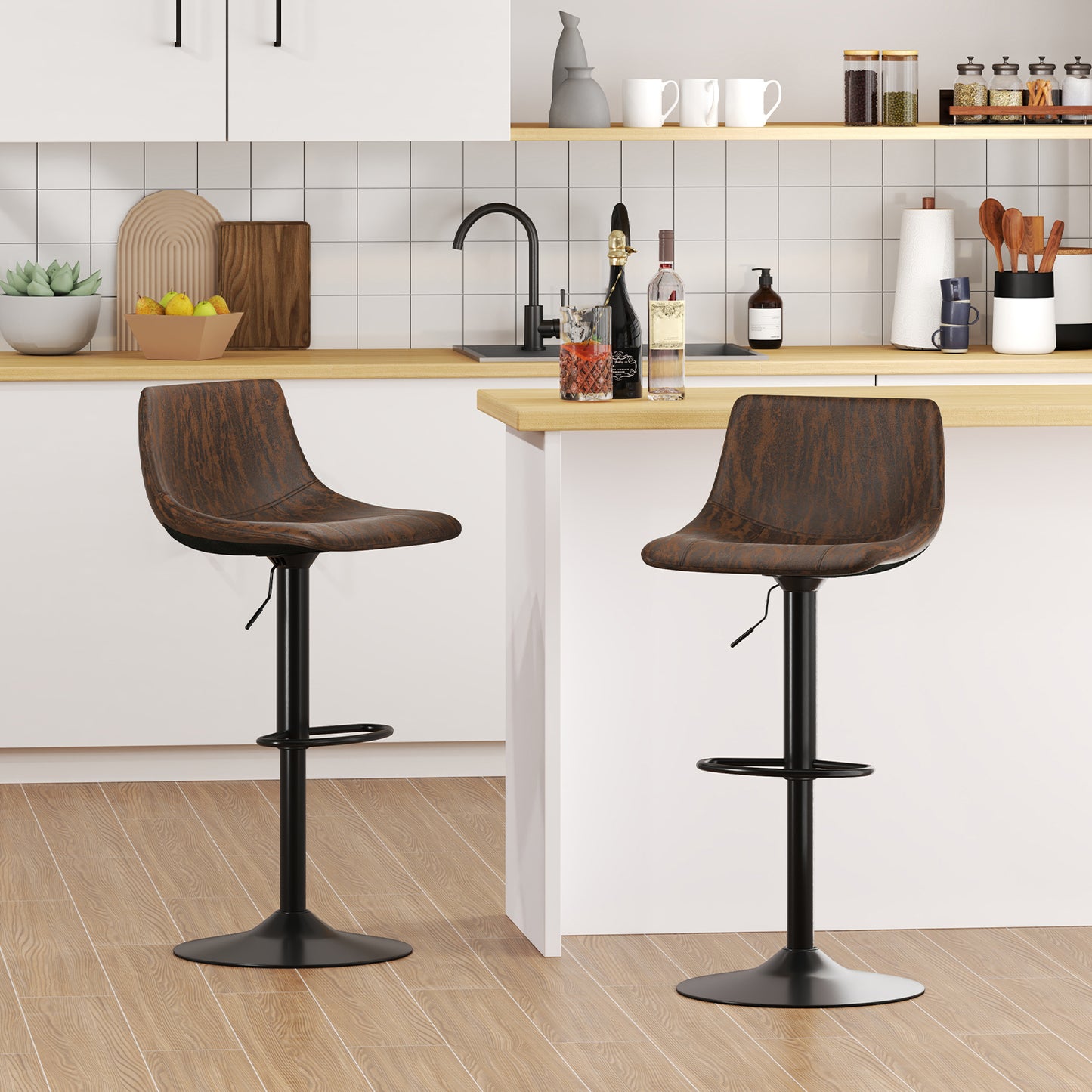 Barstoelen – Barkrukken – Barstoeltjes – Keukenkrukken – Verstelbare Zithoogte – 360° Draaibaar – Velvet Bekleed – Metaal Frame – Set van 2 – Rustiek Bruin