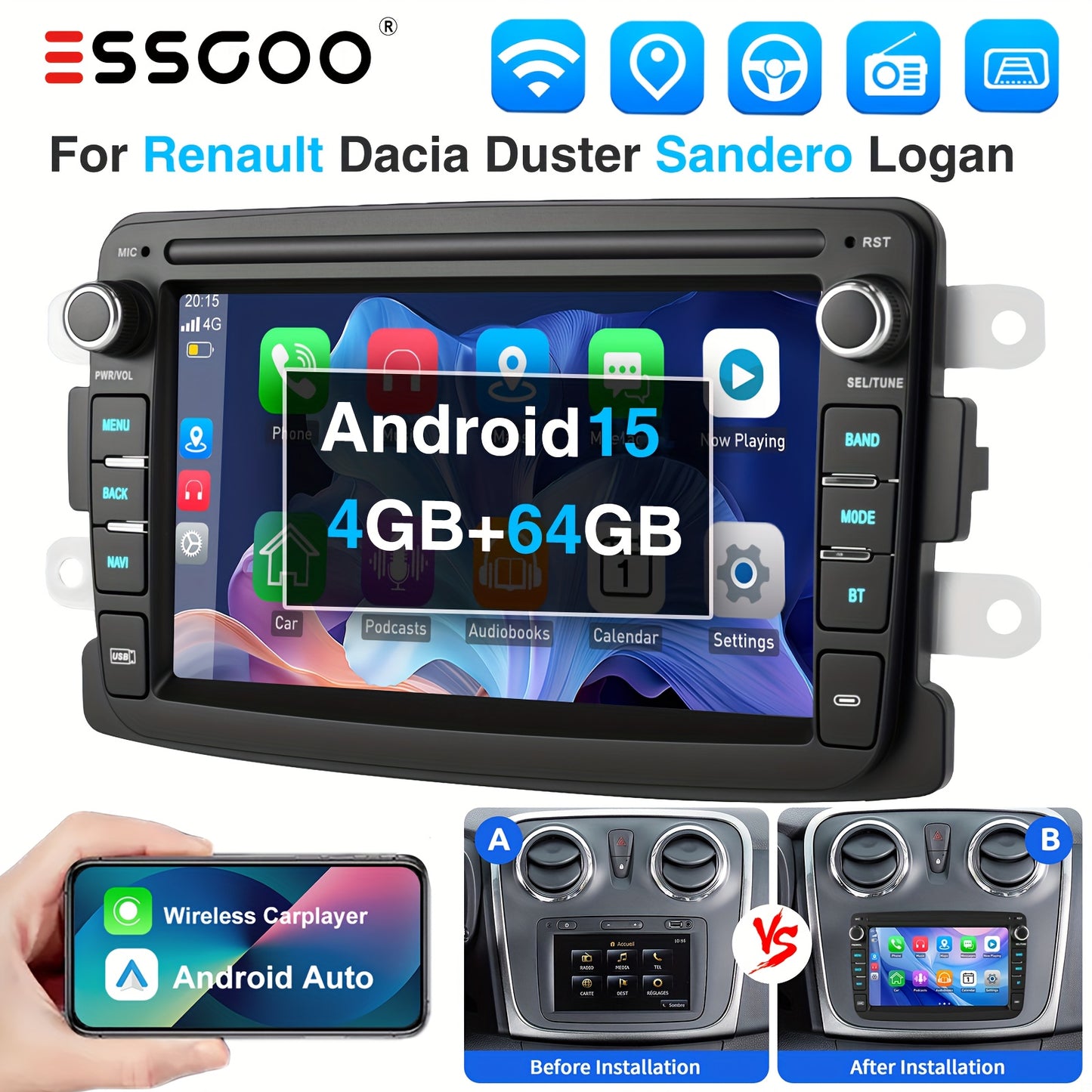 Multimedia Autoradio – Auto Radio – Car Stereo – Head Unit – Multimedia Speler – 7 Inch HD Touchscreen – Android 15 Met Wireless CarPlay & CANbus Integratie