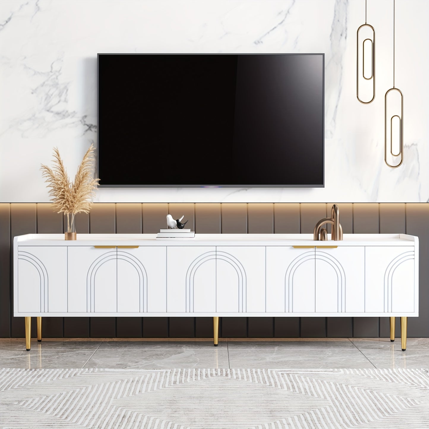 tv meubel – tv kast – tv meubelen – tv koffietafel – lowboard – klassiek design met glazen deuren – gouden handgrepen en poten – staand vloermodel – zonder montage