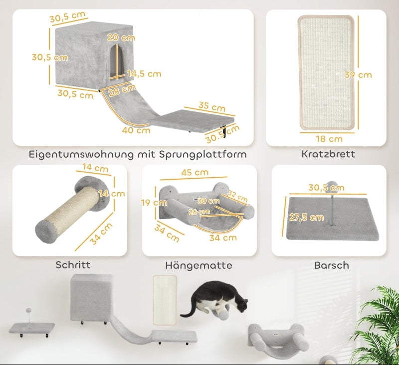 Klimmuur Kat – Krabpaal – Klimmeubel – Kattenhuis – Hangmat – 6-delige Set – Grijs – Stimuleert Klim- en Krabgedrag – Geschikt Tot 5 Kg