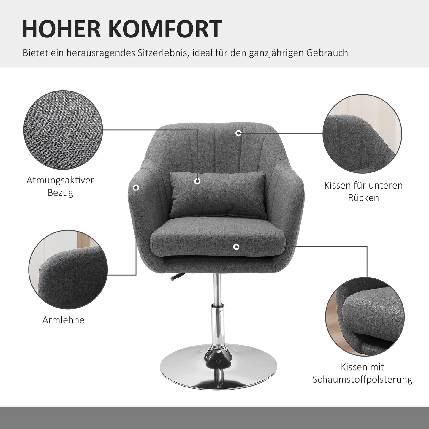 Draaifauteuil – Lounge Fauteuil – Relaxstoel – Stoel Met Armleuningen – Verstelbare Zithoogte – Met Metalen Frame – Linnenlook Bekleding – Donkergrijs