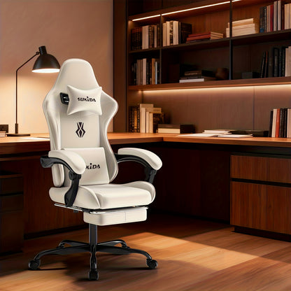 Gamingstoel – Bureaustoel – Gamestoel – Werkstoel – Bureauzetel – Ergonomisch Design – Memory Foam Zitting – Beige Kleur – Met Voetensteun