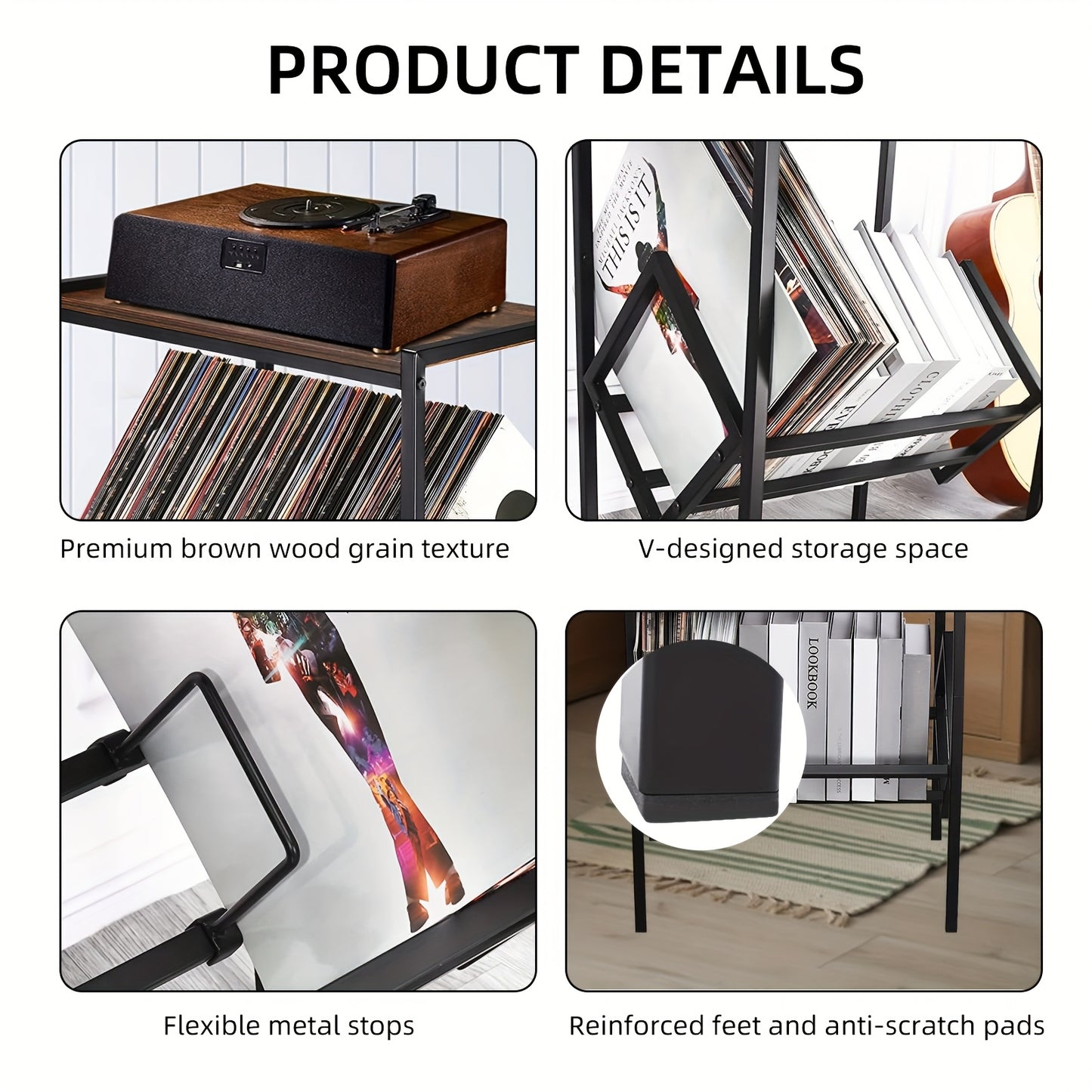 Platenspeler Meubel – Platenspeler Rek – Vinylkast – Muziekmeubel – Opbergrek – Zwart Metalen Poten – Opslag Voor 80 Albums