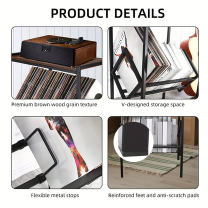 Platenspeler Meubel – Platenspeler Rek – Vinylkast – Muziekmeubel – Opbergrek – Zwart Metalen Poten – Opslag Voor 80 Albums