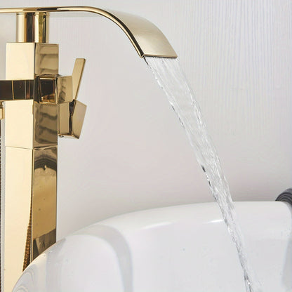 Vrijstaande Badkraan – Vrijstaand Bade-filledrukker – Vloermontage Kraan – Badmengkraan – Gouden Afwerking – Watervaleffect – Hoogwaardig Messing