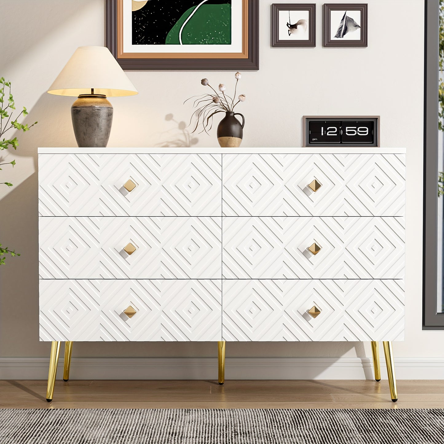 Modern Chest Of Six Drawers - 120x40x80 Cm - Elegant White With Golden - Perfect For The Bedroom And Living Room, Storage Drawer Units