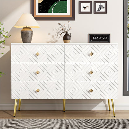 Modern Chest Of Six Drawers - 120x40x80 Cm - Elegant White With Golden - Perfect For The Bedroom And Living Room, Storage Drawer Units