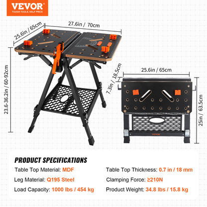 VEVOR Folding Work Table, 2-in-1 as Sawhorse & Workbench, 1000 lbs Capacity, 7 Adjustable Heights, Steel Legs, Portable Foldable Tool Stand with Wood Clamp, 4 Bench Dogs, 2 Hooks, Easy Garage Storage