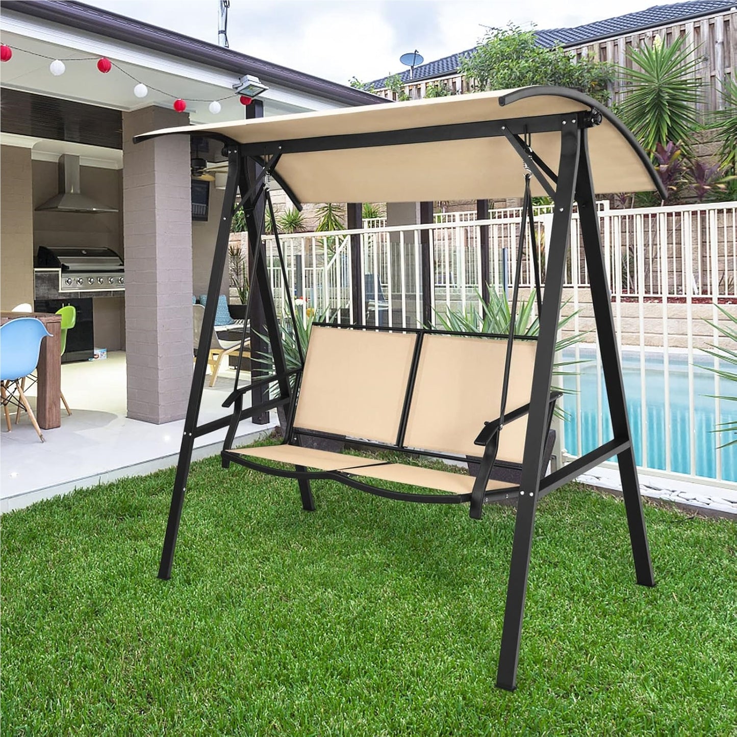 Tuinschommel – Schommelstoel – Tuinbank – Patio Schommel – Buitenschommel – Verstelbaar Dak – Stabiel Metalen Frame – 2-Persoons Zitplaats 101x49 cm