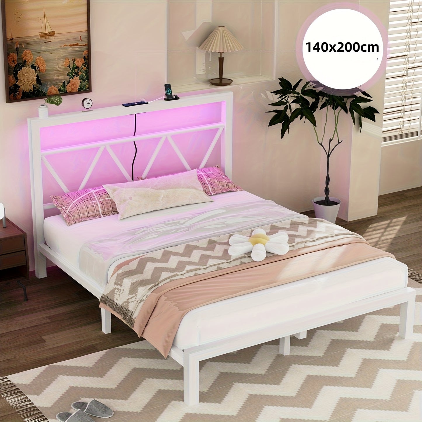 Iron Bed-C088[140X200Cm]White with Bedside Lamp