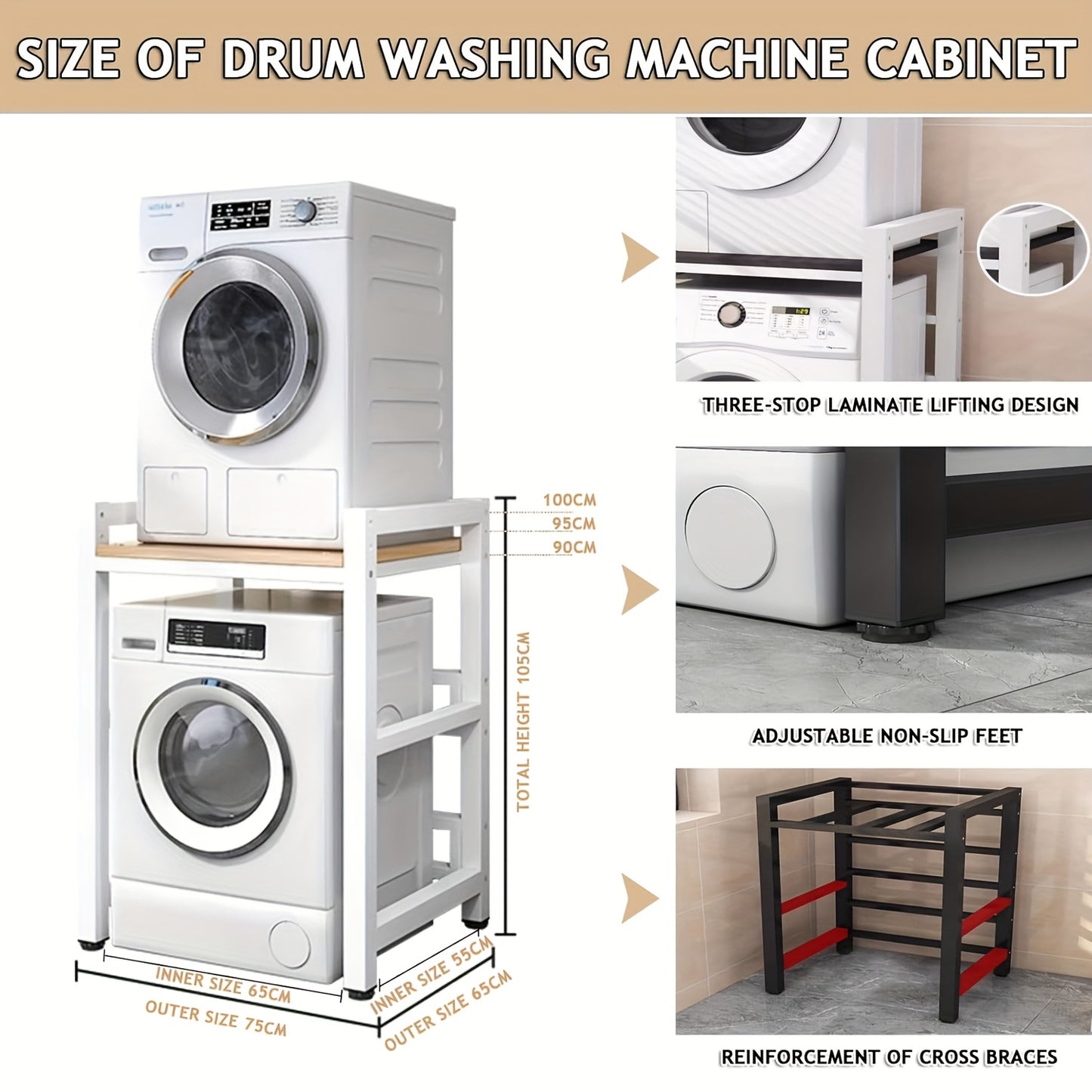 The Washer and Dryer Storage Shelf, Height Adjustable Machine Stacking Rack for Washing Machine, Tumble Dryer, Dishwasher - Space Saving Pedestal, for Bathrooms, Laundry, Utility & Kitchens