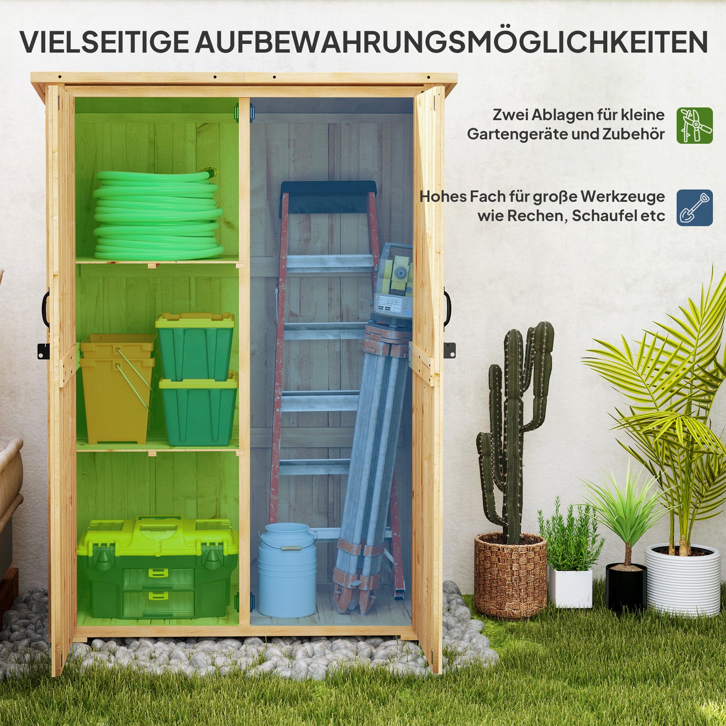 Houten Tuinberging – Tuinschuur – Tuinkast – Berging – Tuinopbergkast – Lichtbruin Vurenhout – Weerbestendig Asfalt Dak – Dubbele Deuren – Verstelbare Pootjes