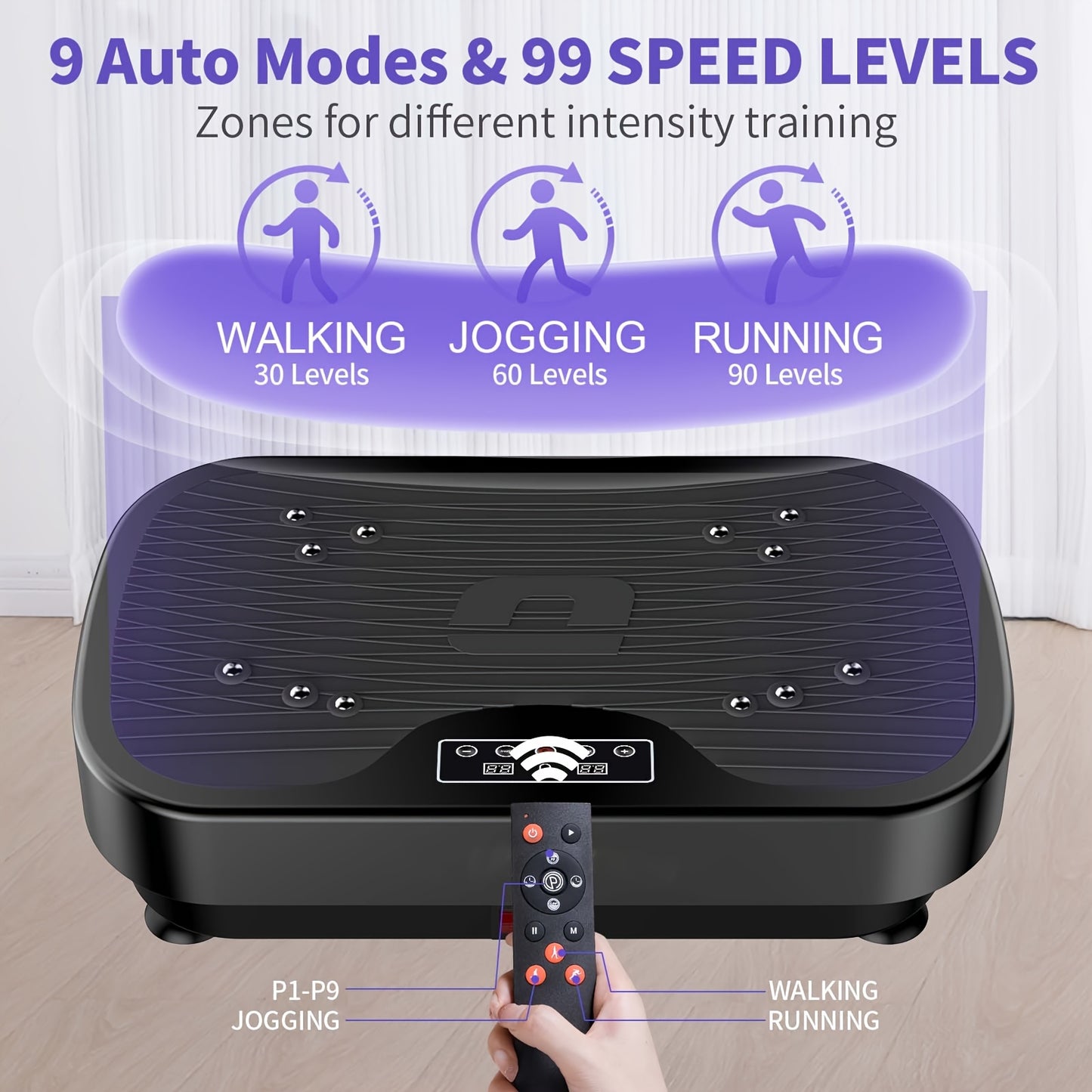 Vibratieplaat – Trilplaat – Trilmachine – Powerplate – Fitnessapparaat – Ultra Stil Motor – 9 Programma’s & 99 Snelheidsniveaus – Incl. Afstandsbediening & Trainingsband – Maximaal 150 kg Belastbaar