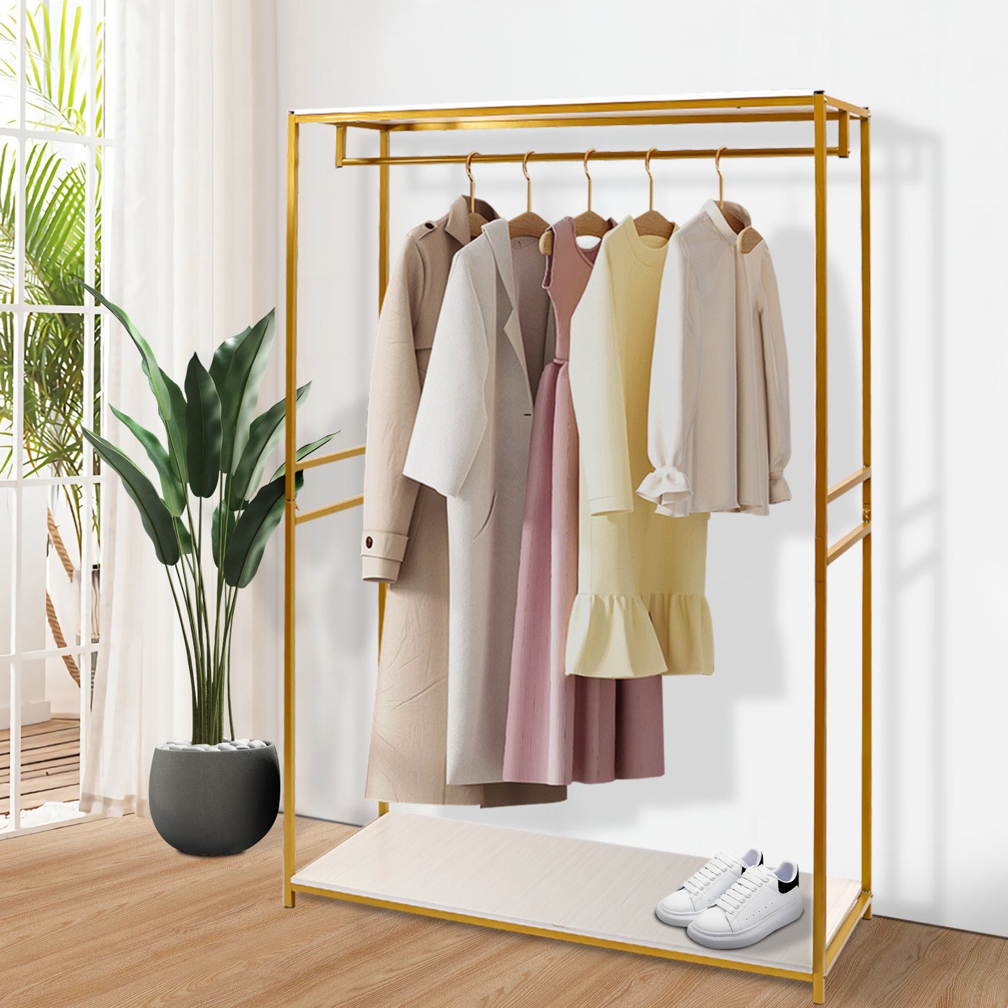 Heavy Duty Rolling Clothing Rack with Adjustable Height & 3-Tier Shelves - Golden Metal Frame Freestanding Garment Rack with Hanging Rods, Space-Saving Mobile Wardrobe Organizer for Home, Retail, Boutique - Sturdy Iron Constr