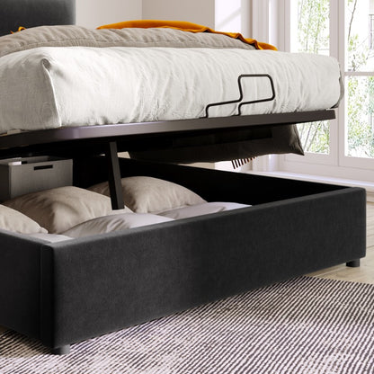 Boxspringbed – Tweepersoonsbed – Opbergbox – Hydraulisch Bed – Stalen Bodem – 140x200 cm – Verstelbaar Hoofdeinde – Inclusief Matras – Zwart Modern Design
