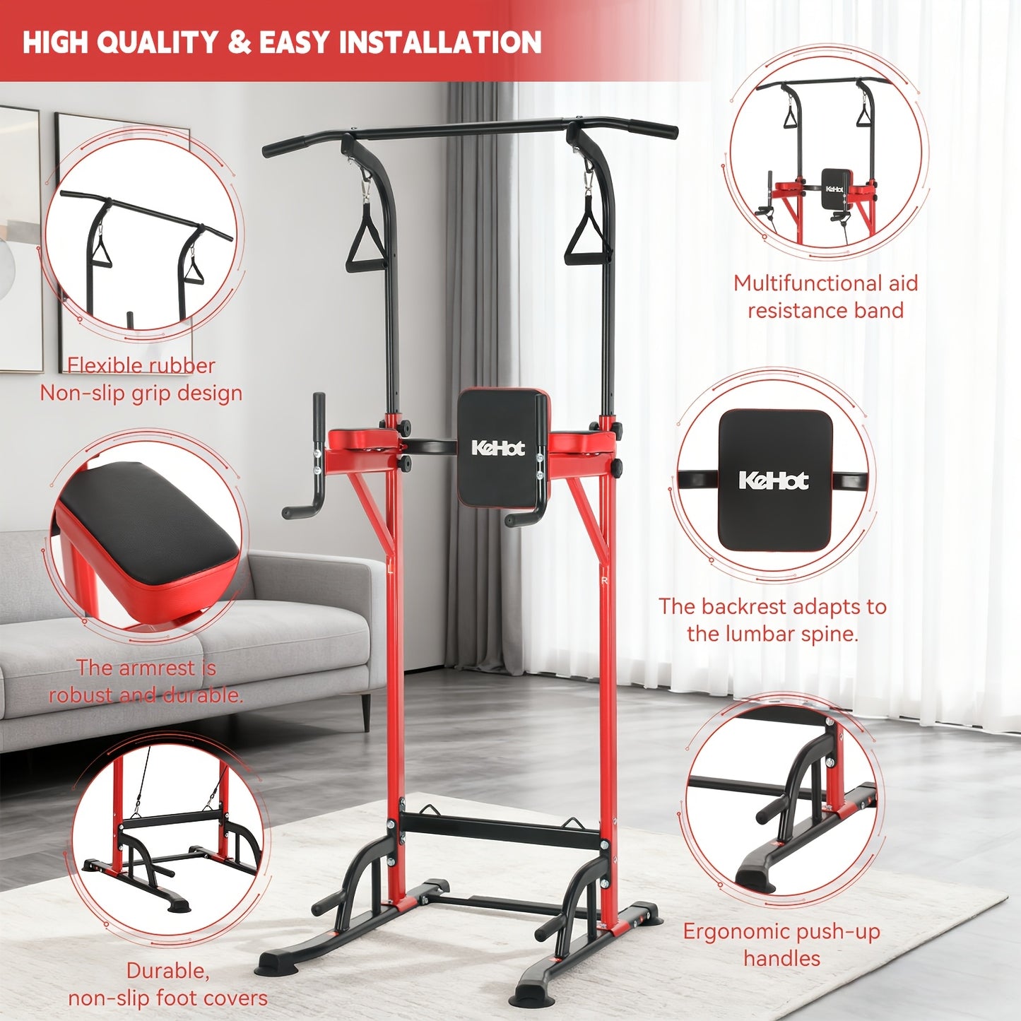 Kehot Adjustable Pull Up Bar Station with 10-Level Height (140-190cm) & Resistance Bands - Heavy-Duty Pull Up & Chin Up Stand Suitable for Home Gym, Fitness Equipment with -Slip Base & Foam Grips, Compact Training System for